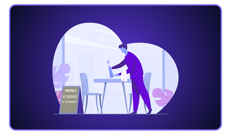 Diese Vektorillustration zeigt die Vorbereitung eines Geschäftsessens. Ein Kellner, gekleidet in Violetttönen, deckt sorgfältig einen Tisch für zwei Personen. Diese Szene steht sinnbildlich für ein geschäftliches Treffen in einem professionellen Rahmen. Dabei ist der Bewirtungsbeleg: Unverzichtbar für Ihr Geschäftsessen, um die Kosten korrekt abzurechnen. Im Vordergrund weist ein Aufsteller mit der Aufschrift „MENU“ auf das kulinarische Angebot hin, während große tropische Blätter im Hintergrund einen stilvollen Akzent setzen. Der gesamte Bildbereich wird von einem tiefvioletten Hintergrund und einem helleren Kreisrahmen umgeben.