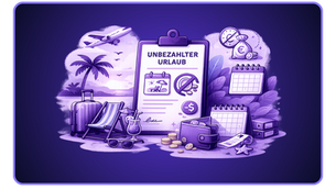 Diese monochrome, lila-tönige Illustration im Stil einer Handzeichnung stellt das Konzept "Unbezahlter Urlaub" auf einem Clipboard dar. Es zeigt eine Strandlandschaft mit Palme, Liegestuhl und Koffer neben Finanzsymbolen, wie einem leeren Portemonnaie, Münzen und einem Geldsack mit Eurozeichen, die den Entgeltfortfall symbolisieren. Kalender und ein Flugzeug verdeutlichen die zeitliche Auszeit und das Thema Reise.