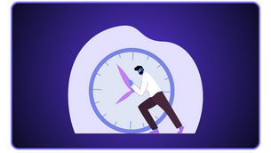 Ein gestresster Mitarbeiter schiebt die Zeiger einer riesigen Uhr zurück, was symbolisch für die Problematik von Überstunden steht. Die Grafik illustriert die Frage, wie viele Überstunden eigentlich gesetzlich erlaubt sind.