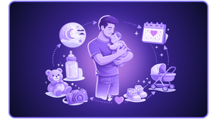 Eine lilafarbene Illustration zeigt einen liebevollen Vater mit seinem Neugeborenen im Arm, umgeben von Symbolen wie Kinderwagen, Fläschchen und Kalender. Die Grafik visualisiert die Themen Vaterschaftsurlaub 2026: Rechte und Planung. Sie verdeutlicht die Vereinbarkeit von Beruf und Familie, den Anspruch auf Elternzeit und die notwendige Organisation (Fristen, Elterngeld), um die aktive Vaterschaft im Jahr 2026 rechtssicher und finanziell abgesichert zu gestalten.