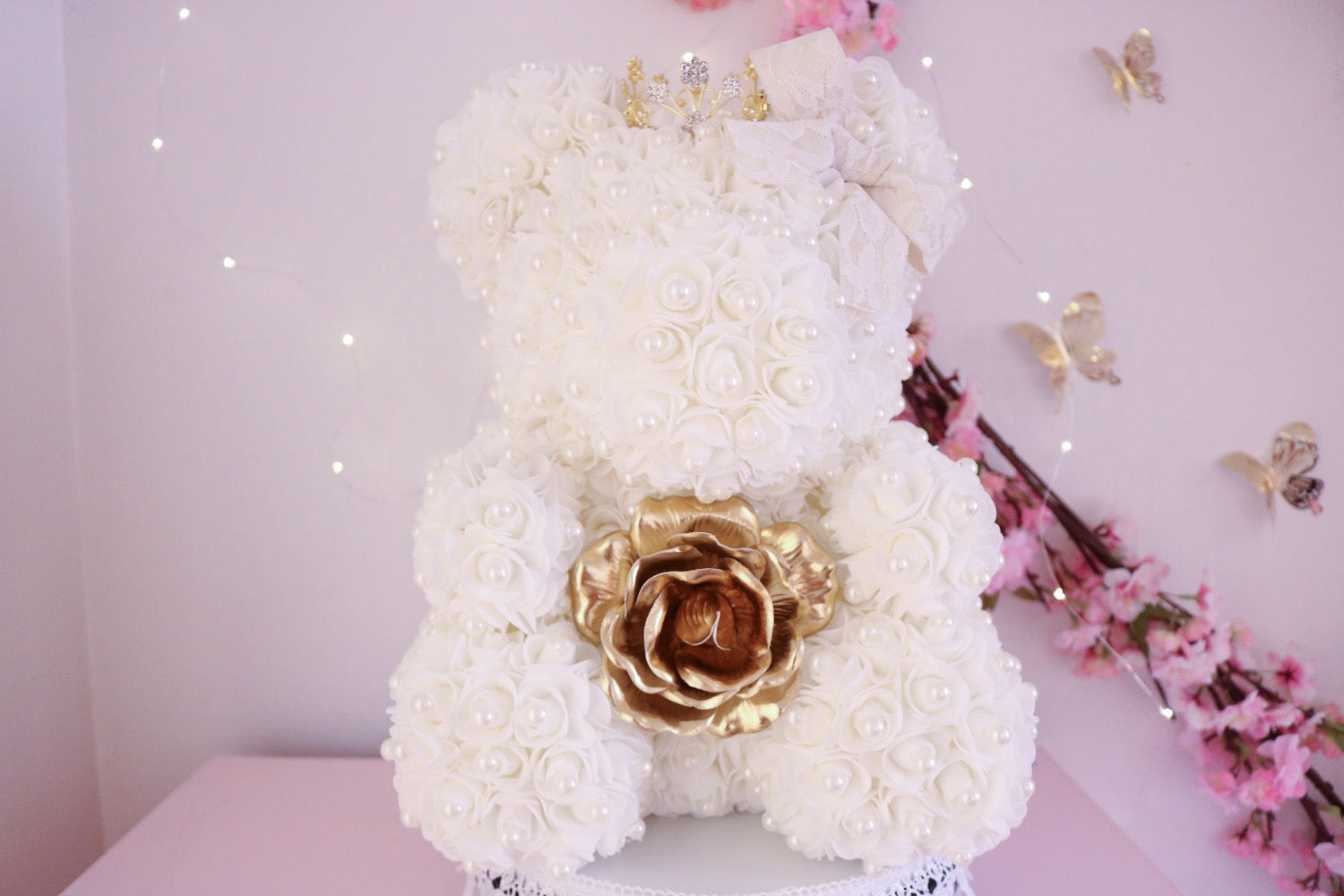 15” White with Pearls Rose Bear