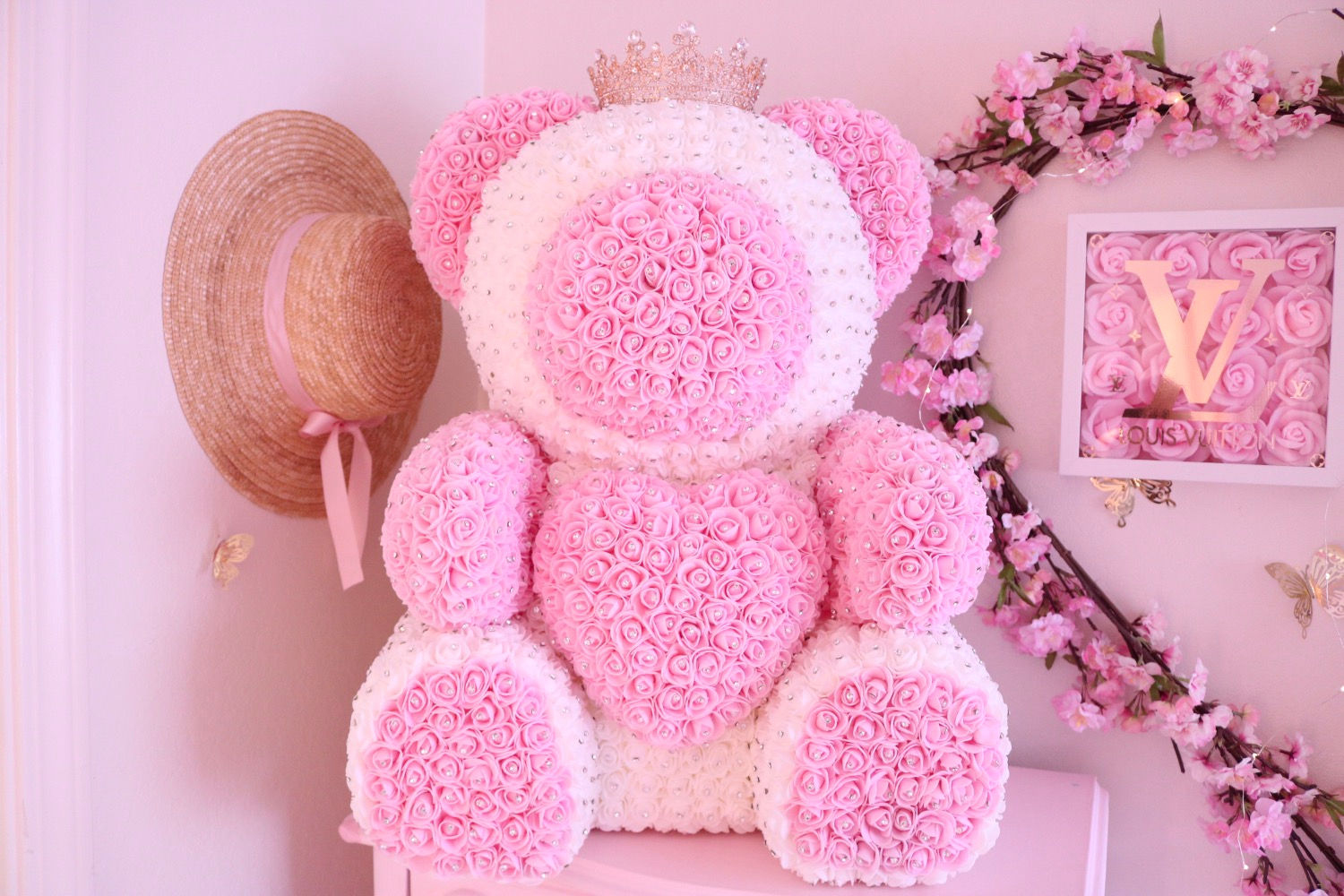 25” Giant Light pink & white Rose Bear with Rhinestones