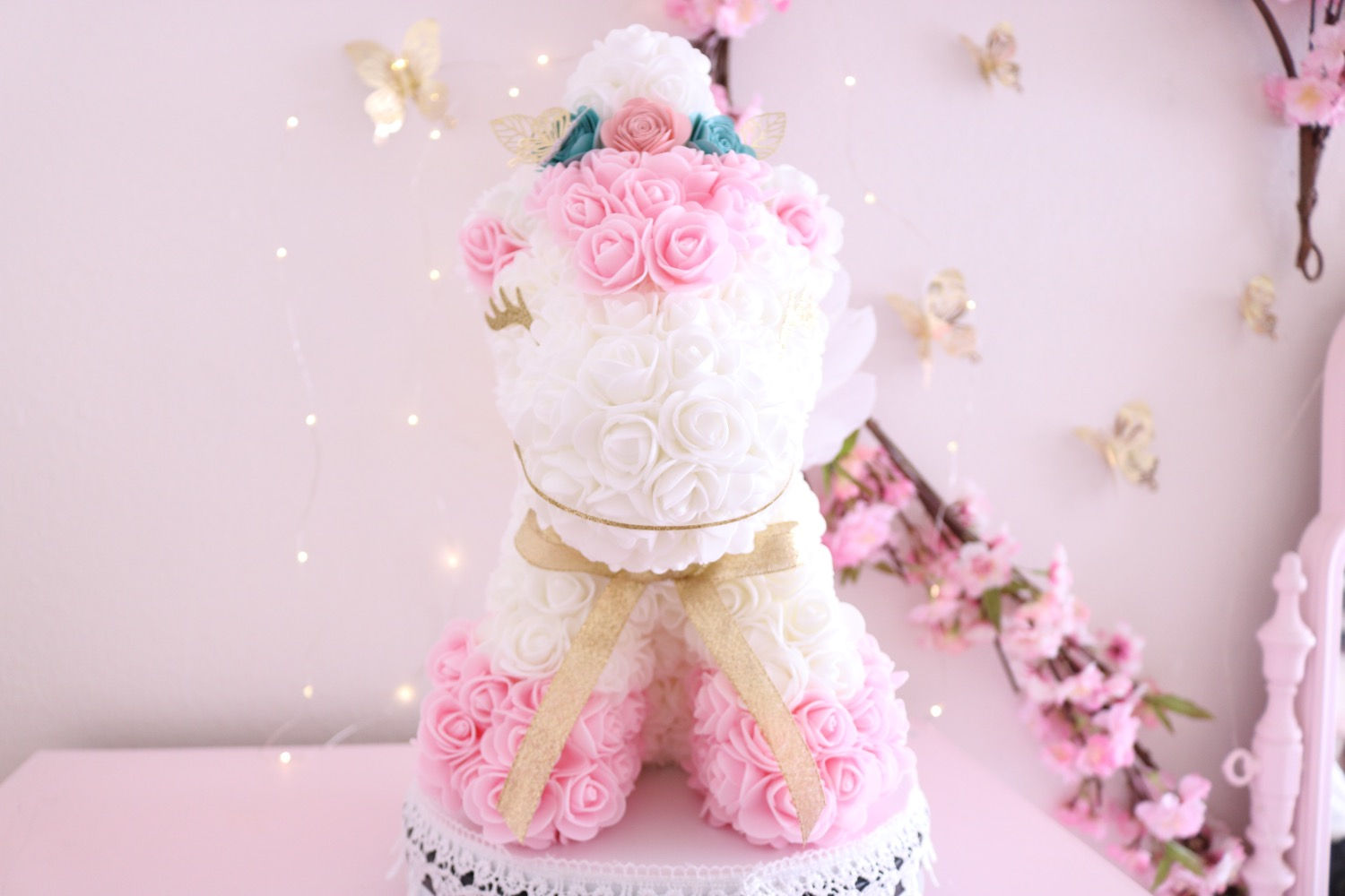 13” White and Baby Pink Rose Unicorn