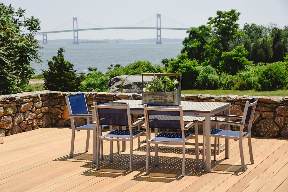 Bluestone terrace above the bay, designed and built by O'Connor Design Build, Rhode Island