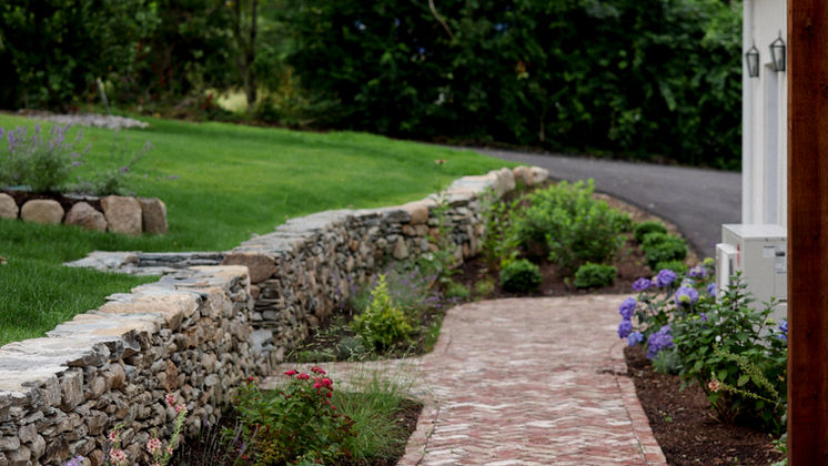 Modern Chateau — herringbone brick walk garden — O'Connor Design Build