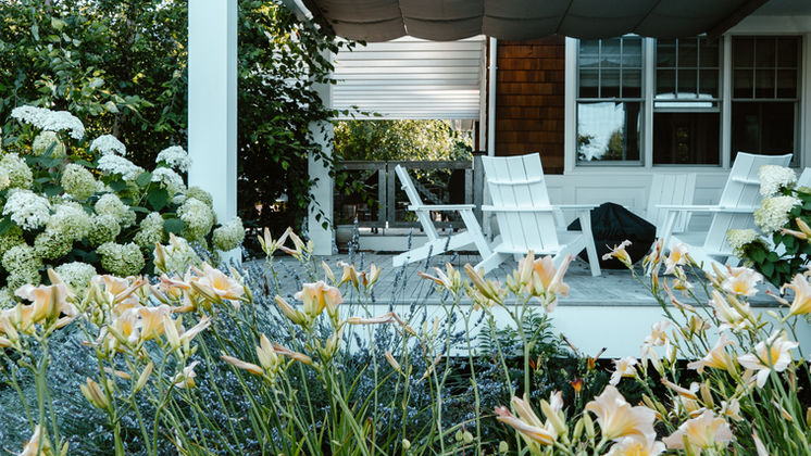 Daylilies and hydrangea bordering a covered porch and terrace — O'Connor Design Build, Rhode Island