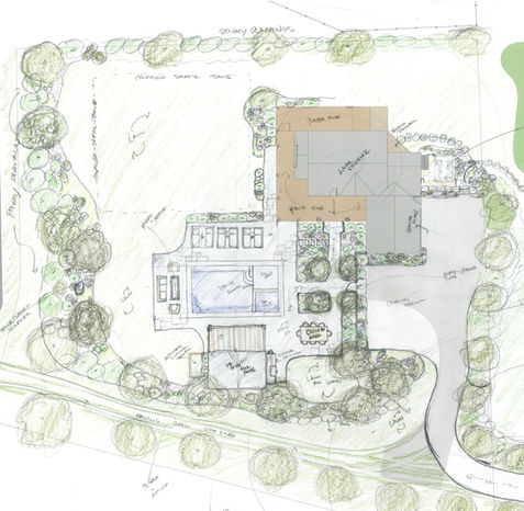 Hand-drawn site plan for a pool garden