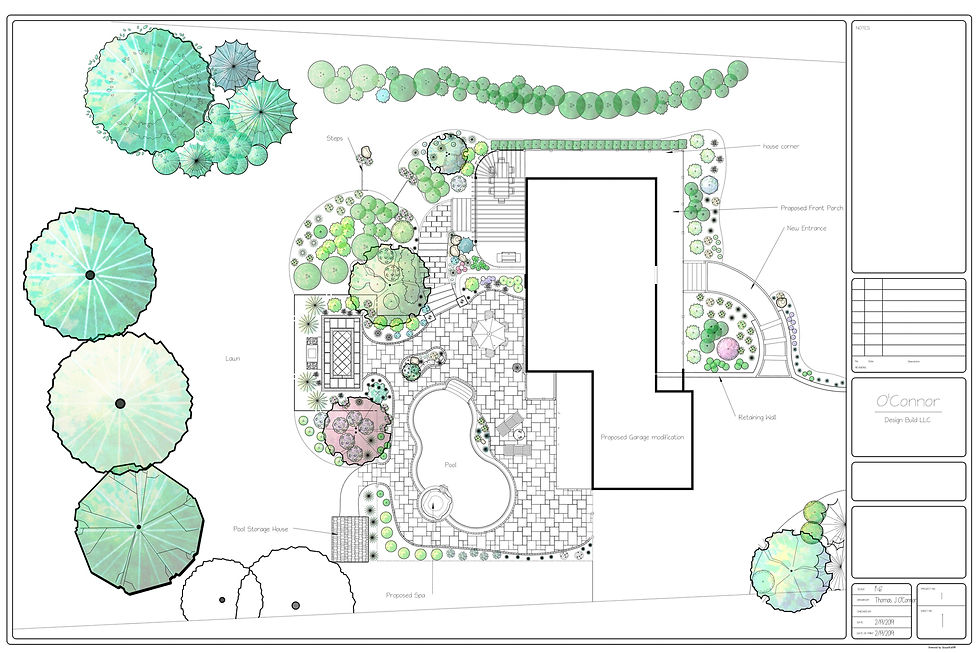 Site plan for a gunite pool, stone terrace and garden on one drawing, Portsmouth, Rhode Island, by O'Connor Design Build