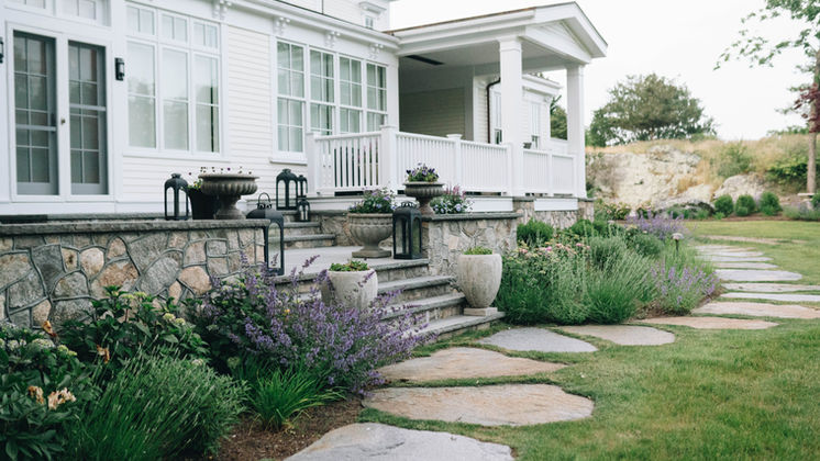 Pen Craig Cottage — flagstone path white house porch, Newport, RI — O'Connor Design Build