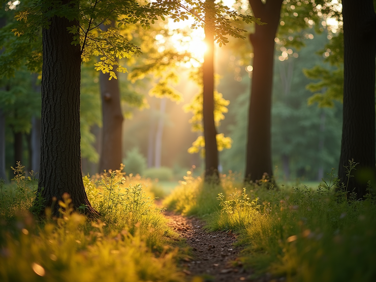 A serene forest scene in late summer with golden light filtering through the changing leaves.