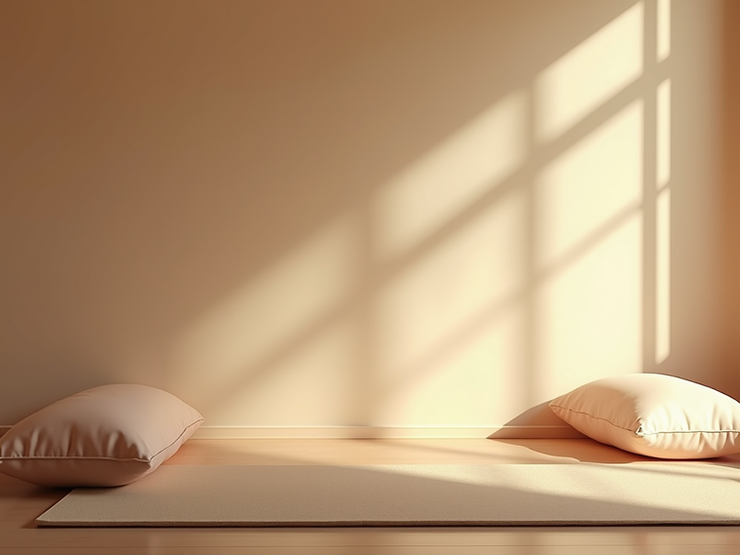 A peaceful yoga studio setup with restorative props and warm soft lighting.