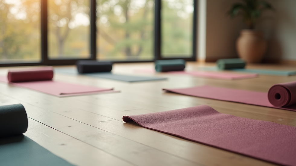 Close-up view of a circle of yoga mats arranged in a peaceful studio
