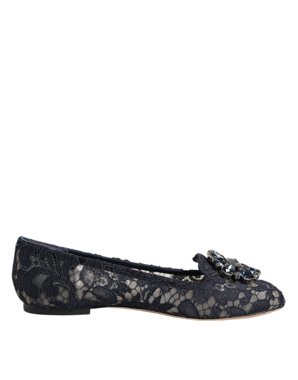 Thumbnail: Dolce & Gabbana Blue Taormina Lace Crystals Flats Shoes
