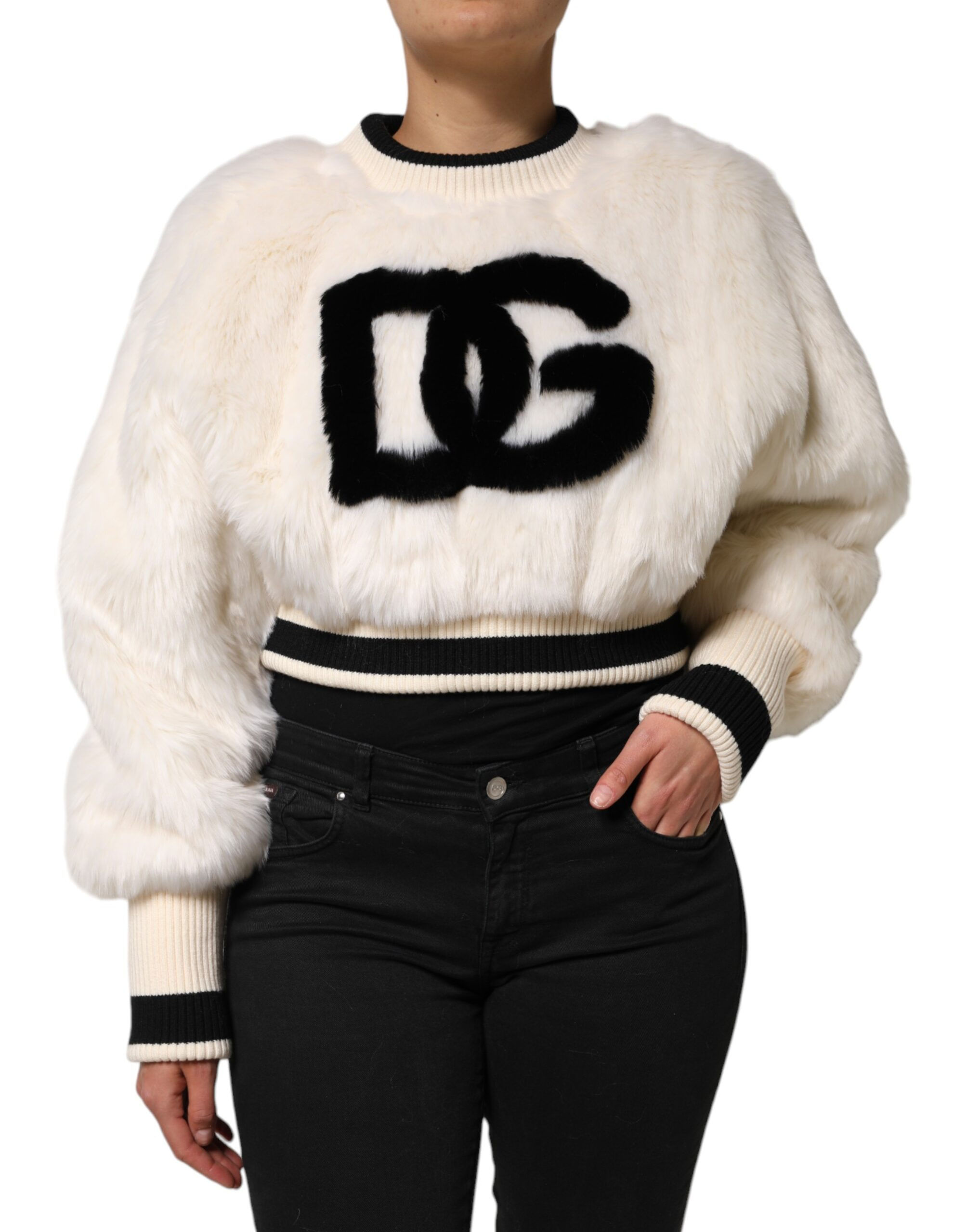 Dolce & Gabbana White Cropped Faux Fur DG Sweatshirt Sweater