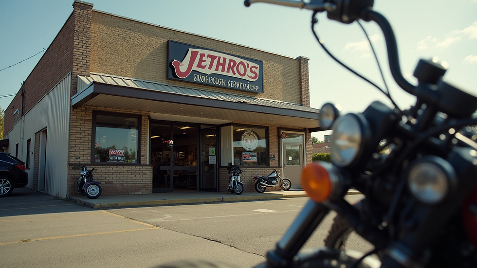 Eye-level view of Jethro's Motorcycle Service Center storefront