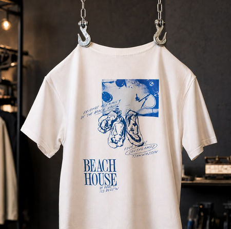 Cream Four Winds Beach House T-shirt with blue printed artwork