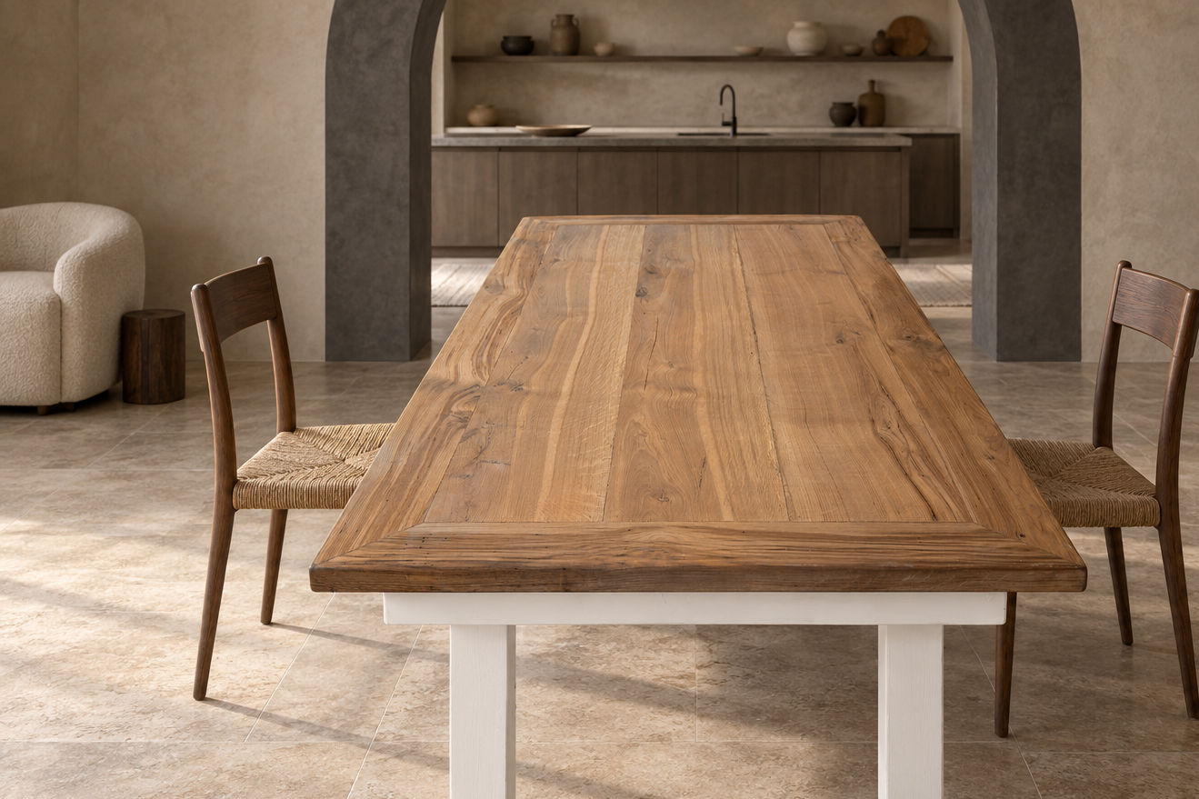 VanFraai Esstisch Massivholz Daan mit klassischem Holzgestell und gerader Tischplatte für ein modernes Esszimmer
