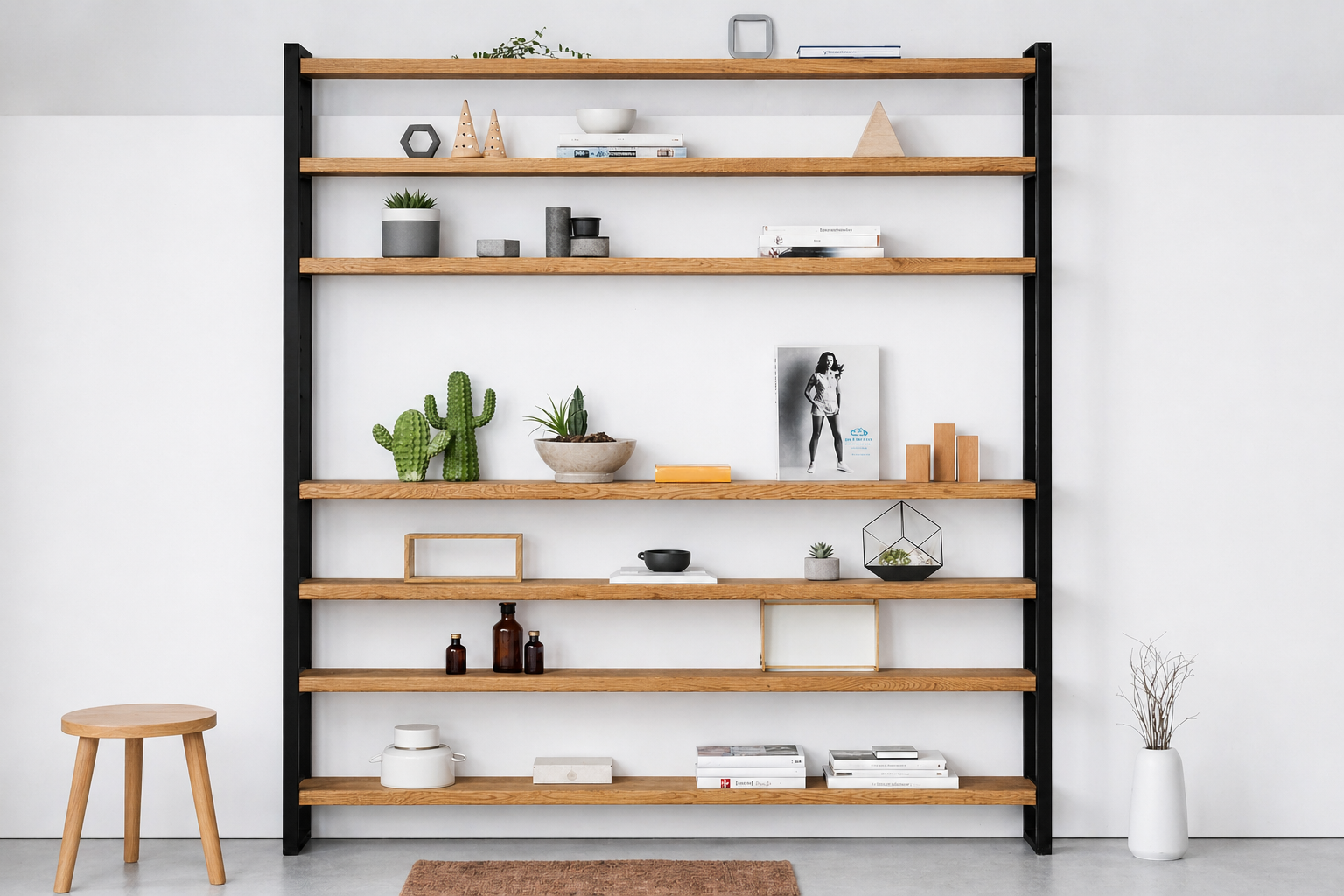 VanFraai Bücherregal Sinem aus Massivholz und Stahl, offenes Regal 200 cm breit für Wohnzimmer