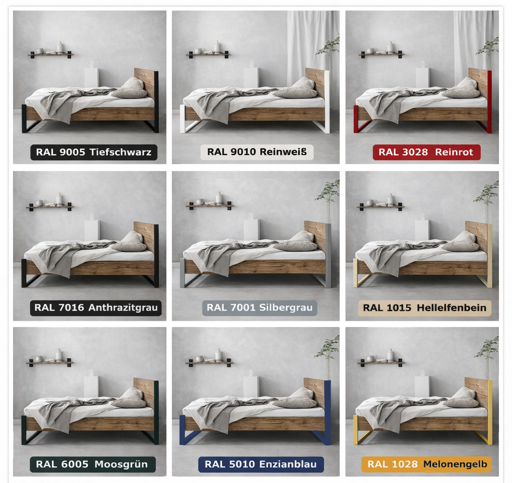 Verdon Bett aus Bauholz und Metall im Industrial Stil, Massivholz Bett 160x200 cm, handgefertigtes Holzbett mit Stahlrahmen