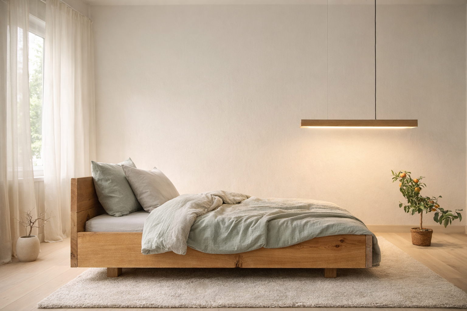 Schwebendes Massivholzbett aus Eiche Lussan 180x200 cm rustikal. Vanfraai