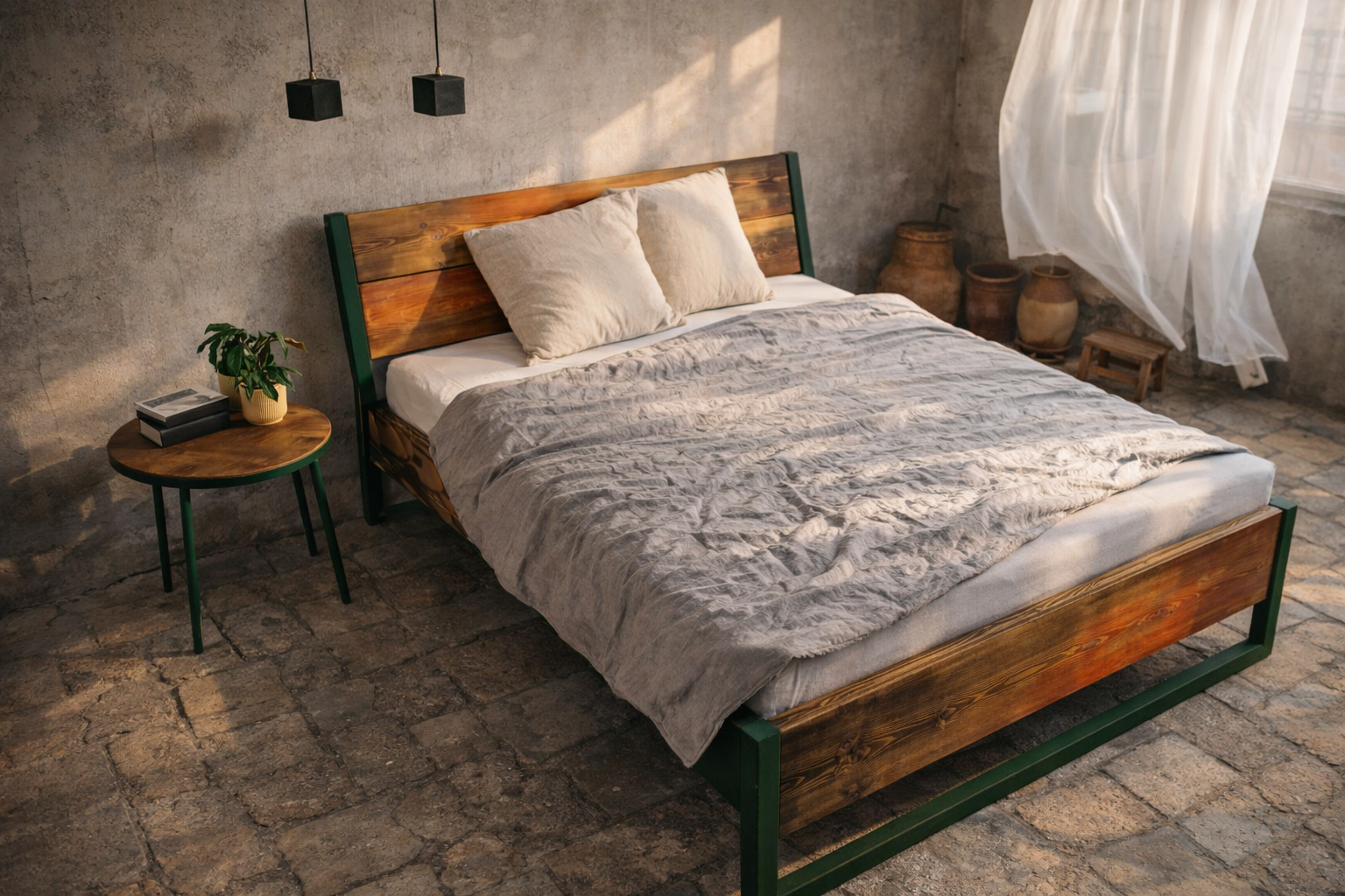 Bett Holz Metall modern, Industrial Bett Design, Massivholzbett mit Metallfüßen, Bett Bauholz Gestell, Designbett