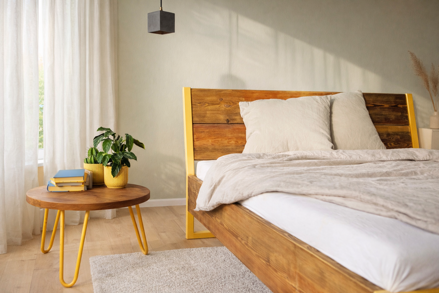 Bett Holz Metall modern, Industrial Bett Design, Massivholzbett mit Metallfüßen, Bett Bauholz Gestell, Designbett