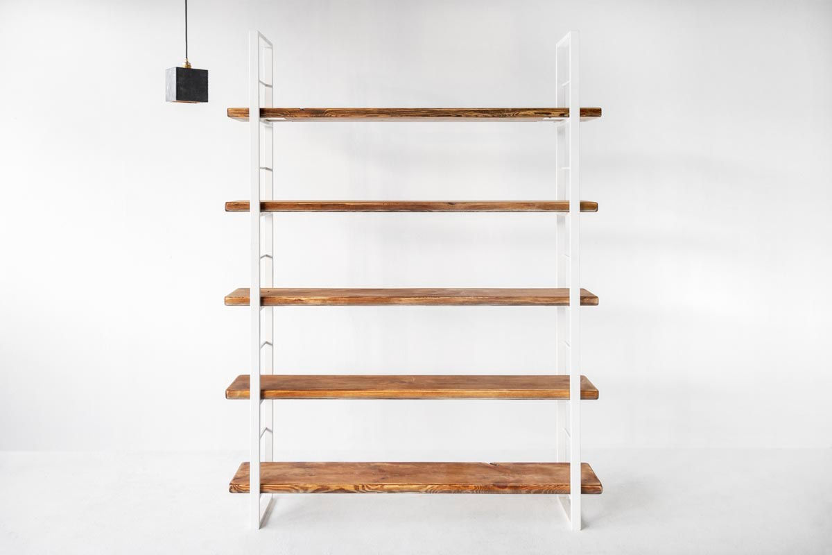 Sinem Regal Bauholz - Weiß & Bücherstütze, Eiche, Esche, Vollholz, Industrie Regal