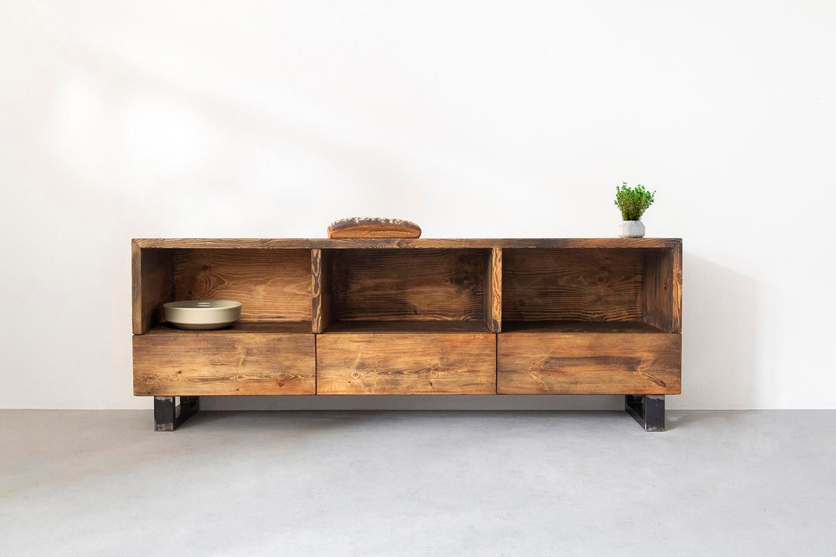 Sideboard Nantes Bauholz - VanFraai - Bauholz mit Metallfüßen - drei Schubladen sideboard, Möbel nach maß, Sideboard Holz