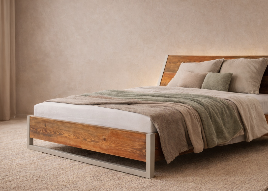 Bett Holz Metall modern, Industrial Bett Design, Massivholzbett mit Metallfüßen, Bett Bauholz Gestell, Designbett