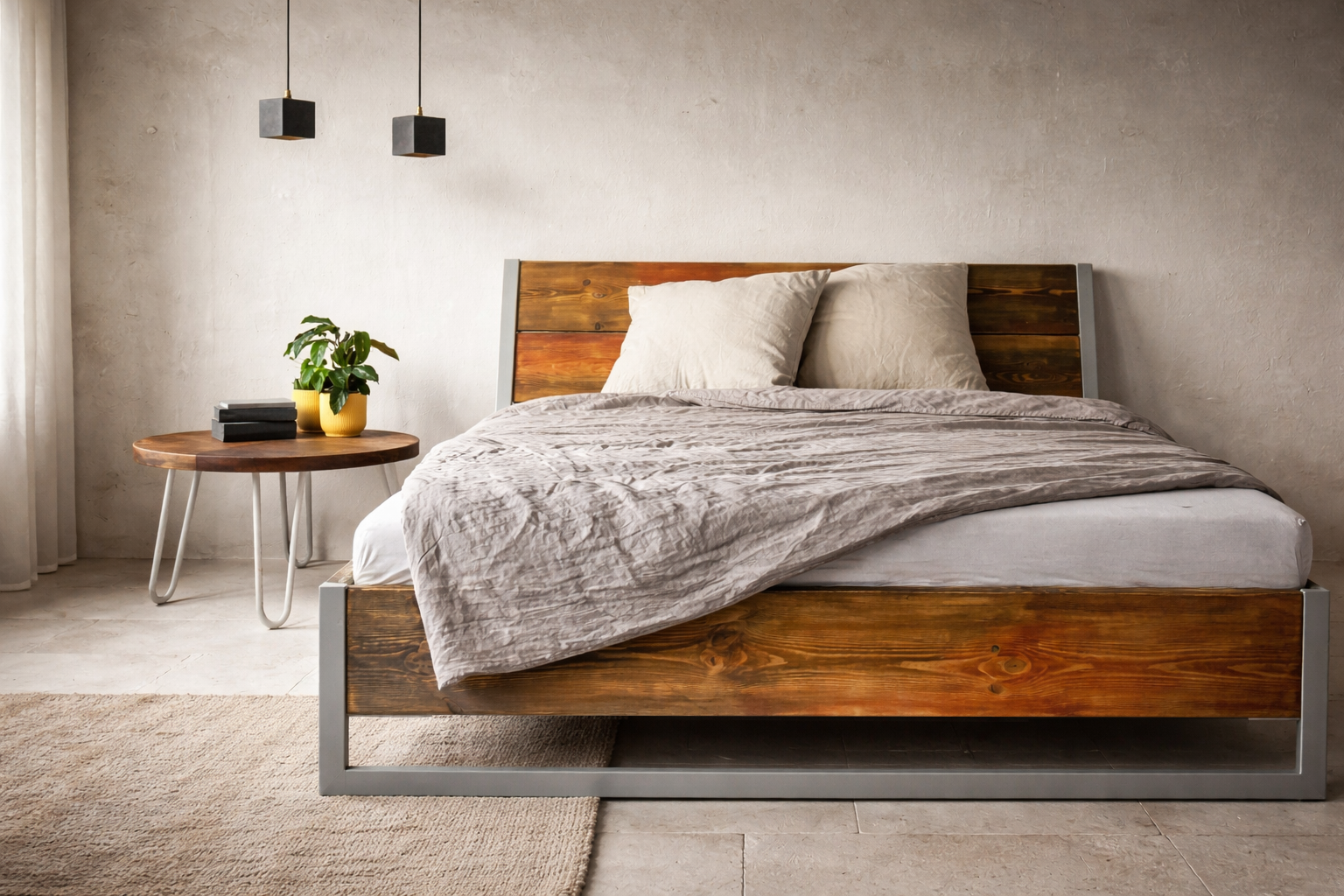 Bett Holz Metall modern, Industrial Bett Design, Massivholzbett mit Metallfüßen, Bett Bauholz Gestell, Designbett