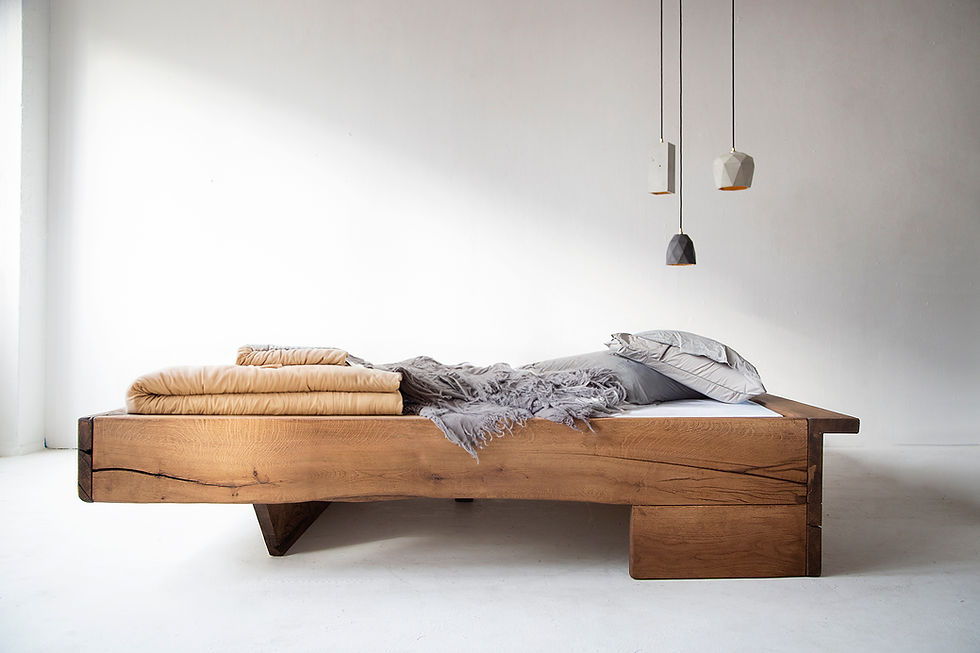 Bett mit Ablagebrett, Bett mit Ablage dunkel Eiche, Holzbett mit integrierter Ablage, Designbett mit Holzablage, Bett Eiche