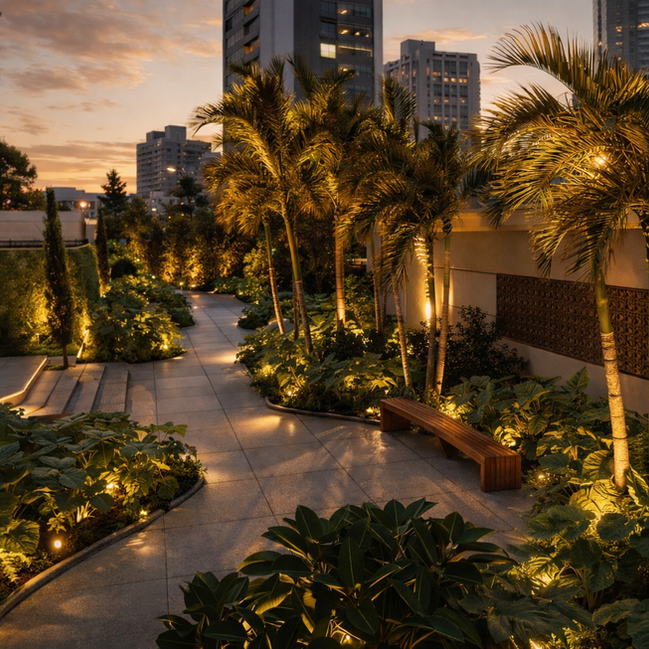 Detalhe de ambiente residencial com destaque para acabamentos, iluminação quente e composição arquitetônica elegante e acolhedora.