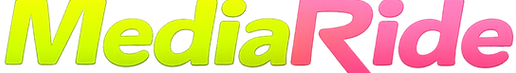 MediaRide Logo, farbiger Schriftzug in Gelb und Rosa, auf schwarzem Hintergrund.