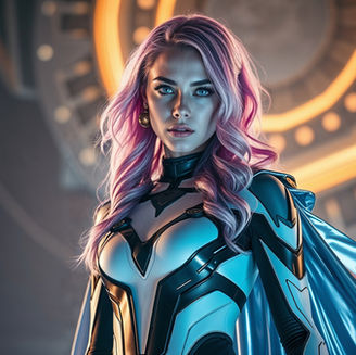 Eine Frau mit rosa Haaren und Kostüm vor futuristischem Hintergrund
