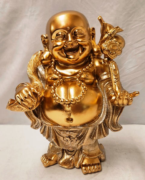 10" Tall Standing Golden Painted Ceramic Laughing Buddha