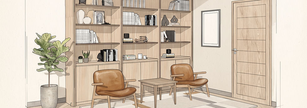 Desain interior perpustakaan rumah dengan rak kayu dan kursi berlengan.