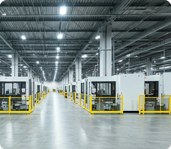 Interior of a clean, bright, modern distribution center with high-tech machinery.png