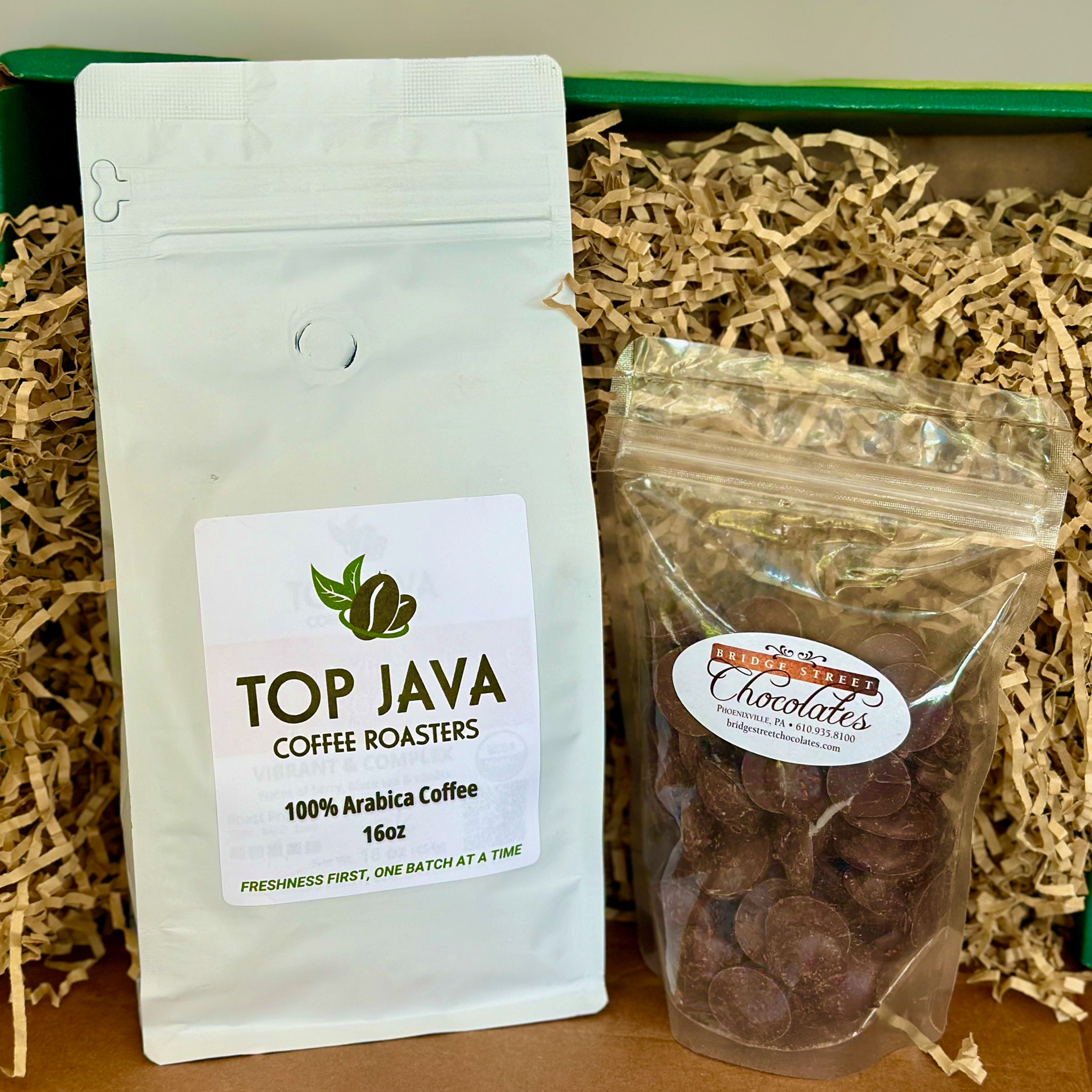 Top Java Coffee & Bridge Street Chocolates Artisan Gift Set (1lb coffee)
