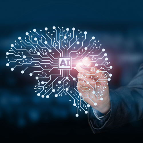 Artificial Intelligence brain shape with finger pointing to AI