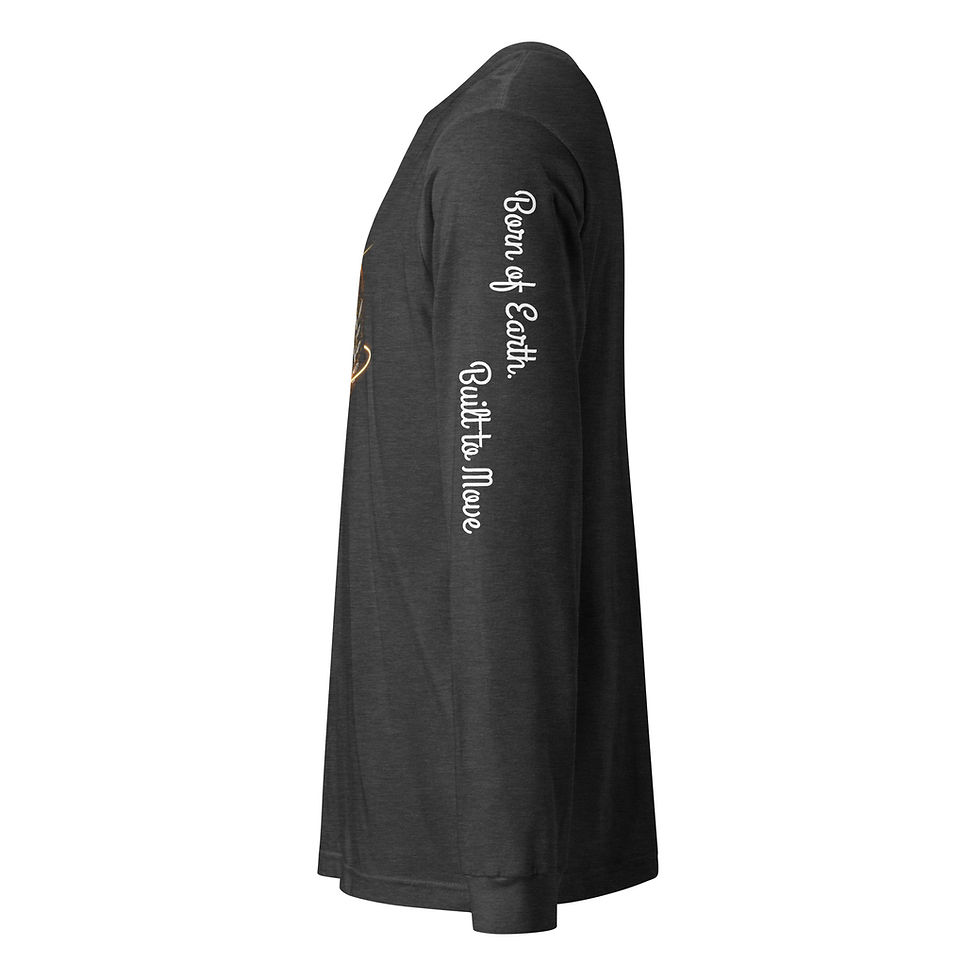 Thumbnail: Dark gray long sleeve shirt with text on the arm; Born of Earth, Built to move.