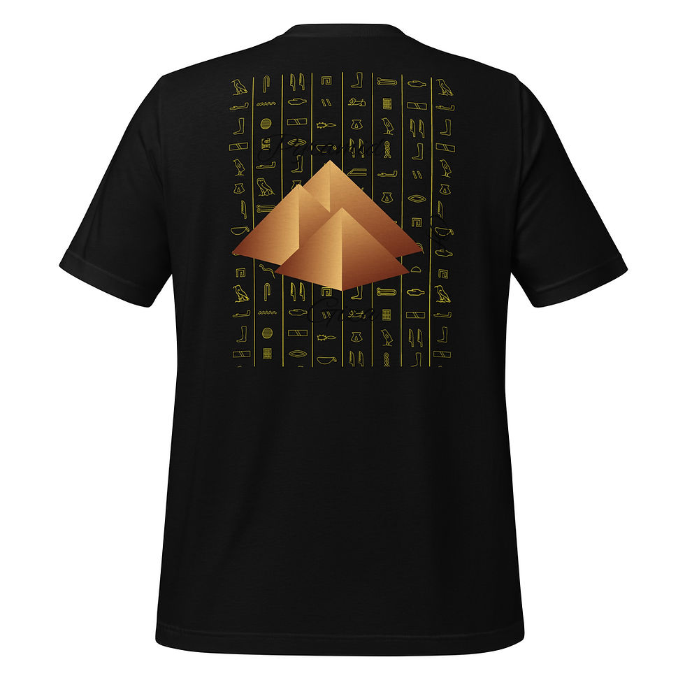 Black t-shirt with golden pyramids design and hieroglyphs Unisex avatar state t-shirt.