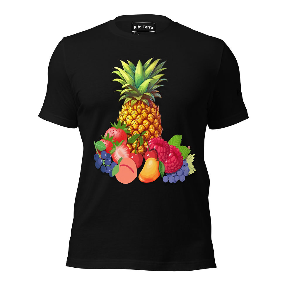 Black t-shirt with a pineapple and other fruits, woman fruity t-shirt, Rift Terra.