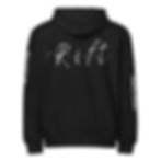 Black hoodie with "Rift" text, "Built to Explore" sleeve text, Unisex RT t-shirt, Rift Terra.