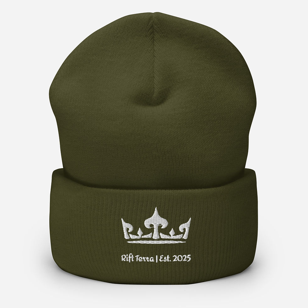 Thumbnail: Olive green beanie with white crown logo; Rift Terra | Est. 2025.