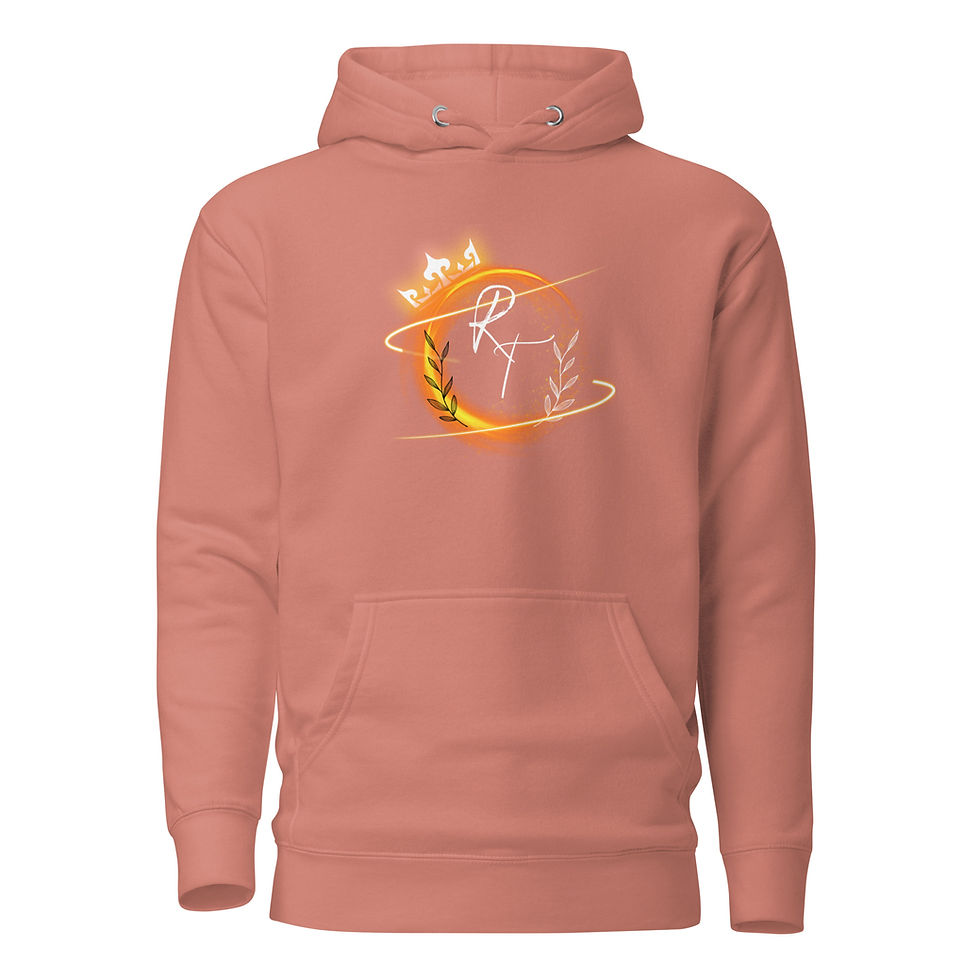 Thumbnail: Coral hoodie with abstract sun design; Unisex Rift Terra t-shirt, casual wear.