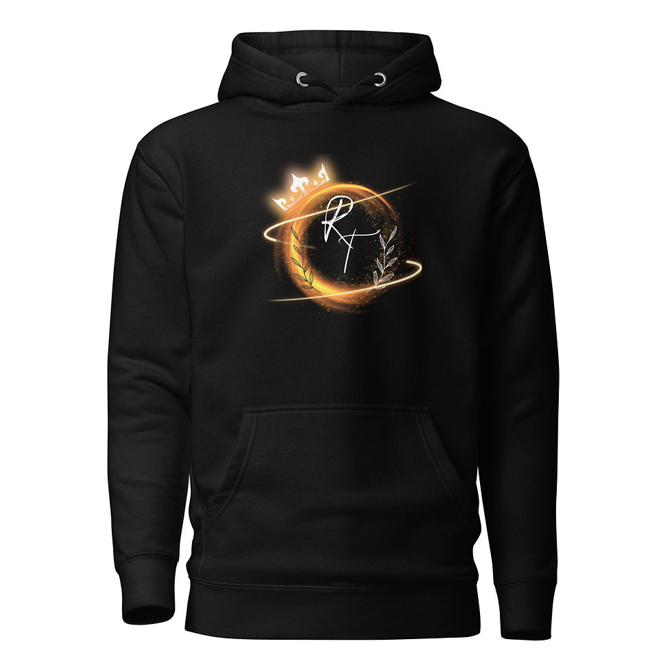 Black hoodie with a gold graphic, Unisex Rift Terra t-shirt, glowing ring design.