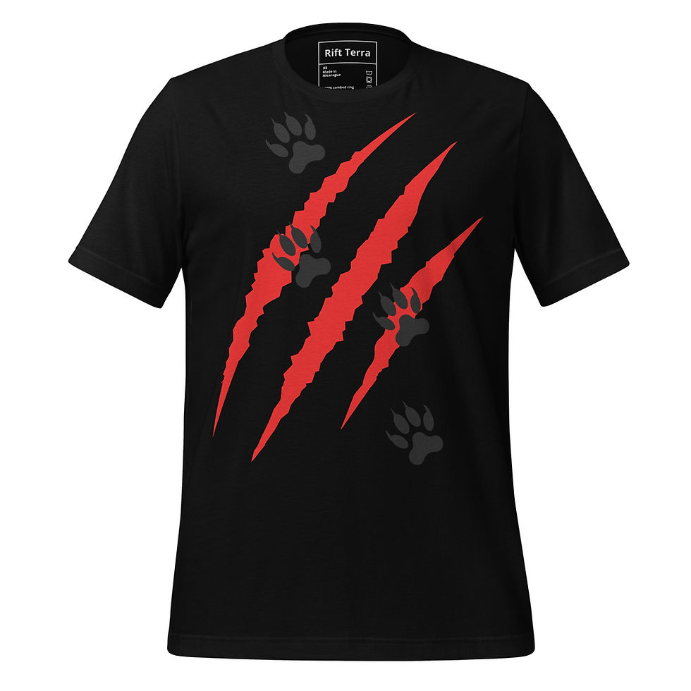 Black t-shirt with red claw marks and paw prints, Rift Terra design.