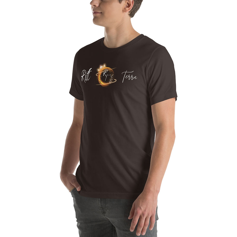 Thumbnail: Man wearing a black t-shirt with text: Rift Terra. Unisex Rift Terra t-shirt.