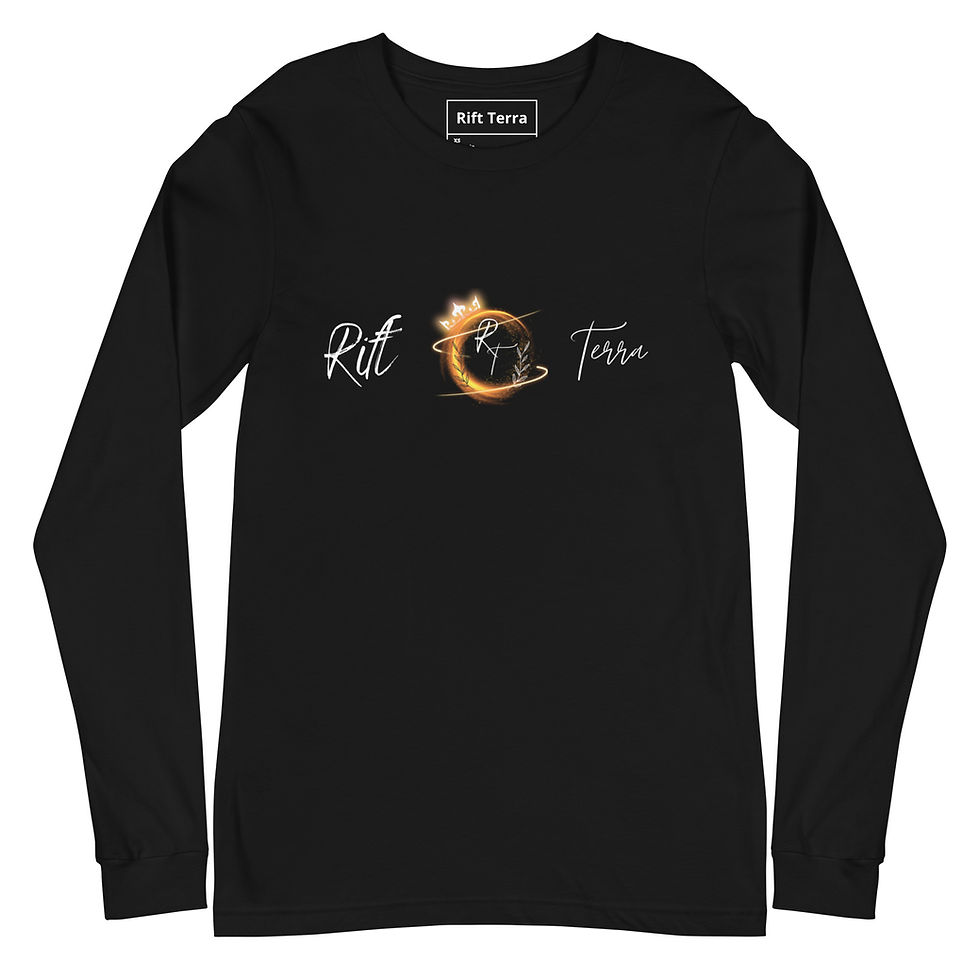 Black Unisex Long Sleeve Tee with Rift Terra text and logo design