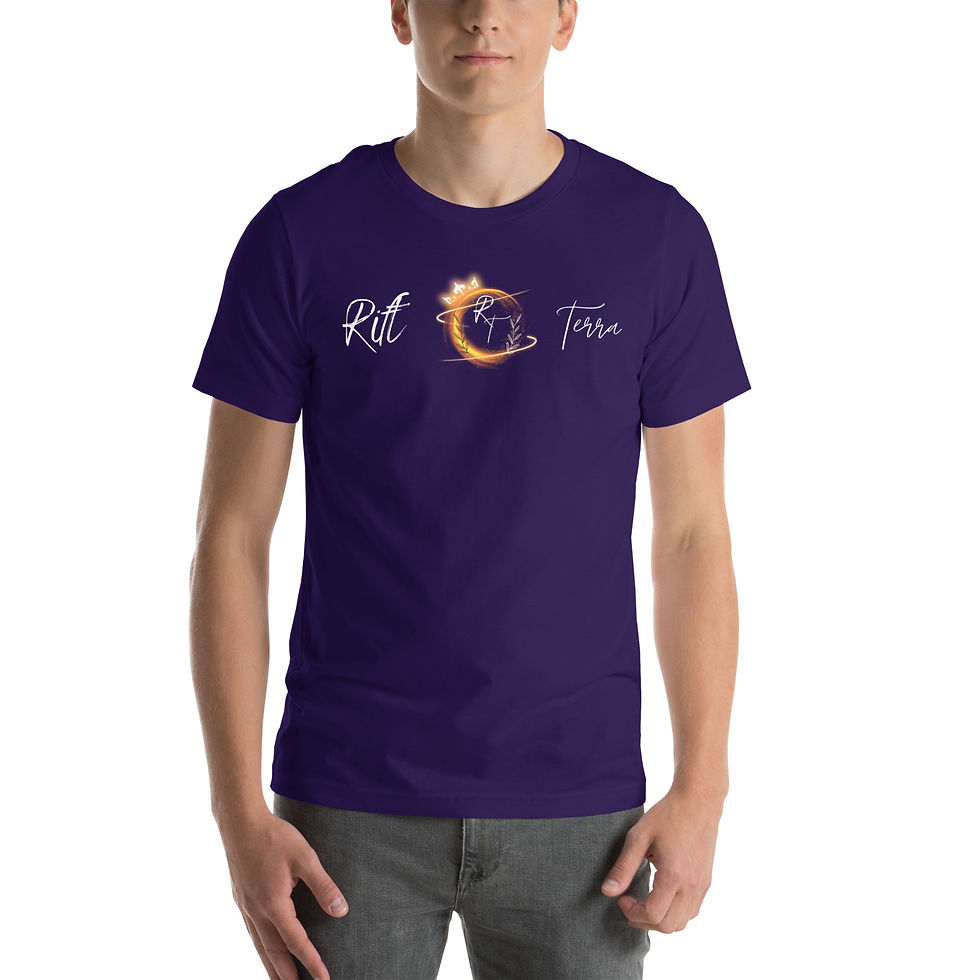 Thumbnail: Man wearing purple t-shirt with Rift Terra text and logo, Unisex Rift Terra t-shirt.